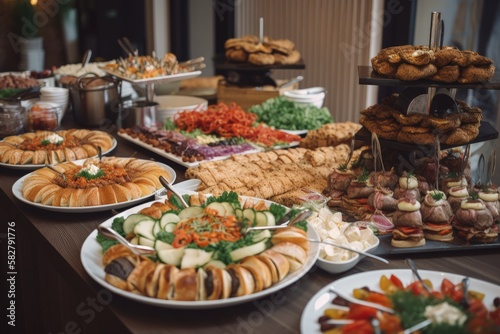 Buffet table in a restaurant with cold snacks  salads and mini burgers - generative ai