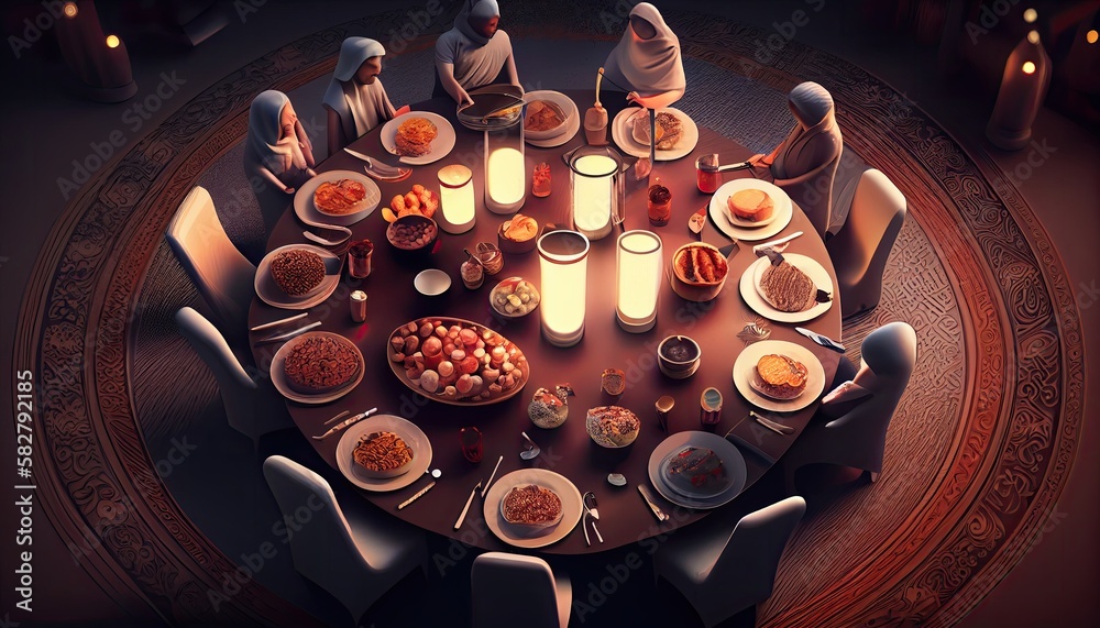 people breaking fast and sharing food ramadan of celebration background. generative ai