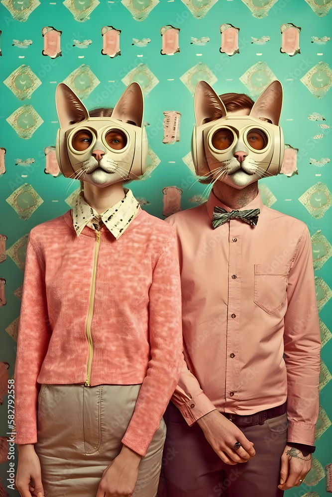 Fototapeta premium Abstract Funky Cats mask, Crazy portrait illustration, fashionable, vintage style, pop and coroful, Generative AI