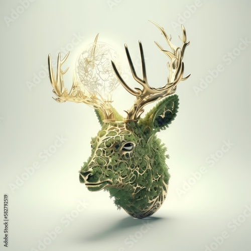 Deer head in mechanical form in metallic accent and moss floral touch