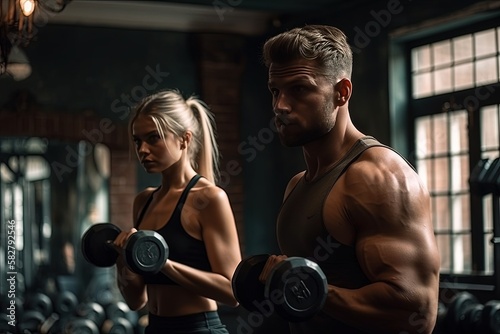 Sporty couple workout with dumbbells - generative ai