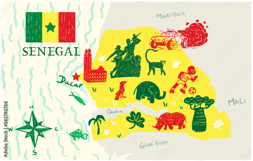 Senegal map. With different flora and fauna symbols, geographic names, letters. Vector illustration.