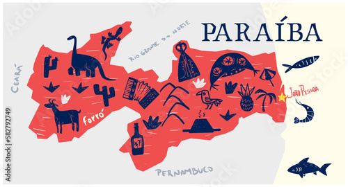 Map of the Brazilian state of Paraíba. With different flora and fauna symbols, geographic names, letters. Vector illustration.