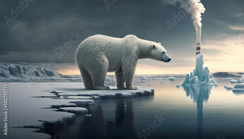 Polar bear in a melting industrial climate  climate change digital concept render