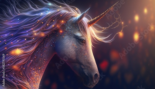 Unicorn with magic background. Created with Generative AI. 