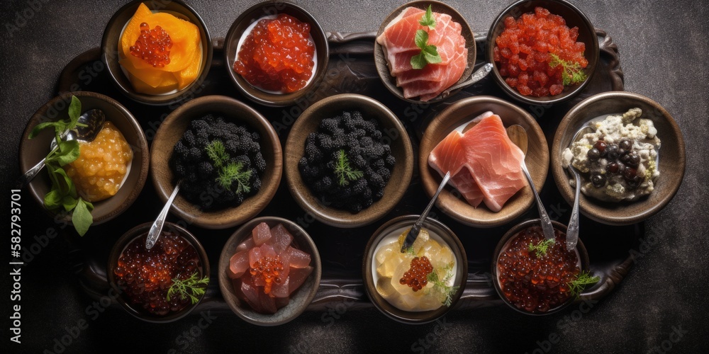 Gourmet appetizers, caviar, tuna and salmon in a luxury restaurant buffet, close-up - generative ai Gourmet appetizers, caviar, tuna and salmon in a luxury restaurant buffet, close-up - generative ai