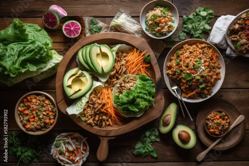 Healthy dinner table with nutritious Buddha bowl, lettuce wraps, vegetables and salads, top view over a wood backdrop - generative ai © Infinite Shoreline