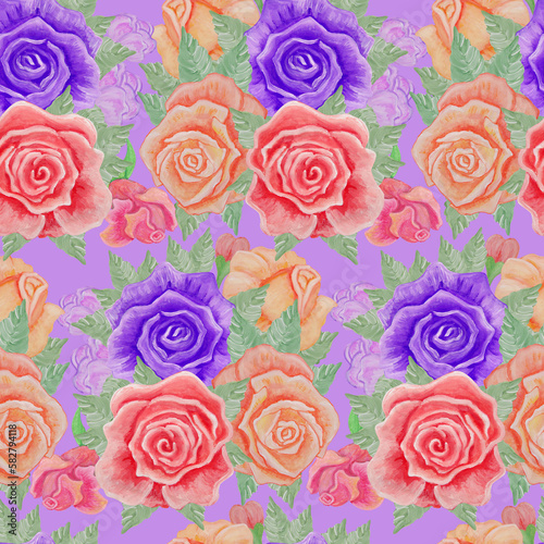 Seamless pattern with purple pattern of three different color roses.