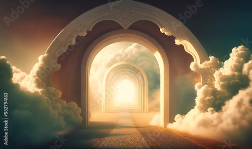 A heavenly and serene tunnel shrouded in mist and soft clouds