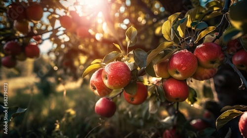 Äpfel am Apfelbaum zur goldenen Stunde (KI)