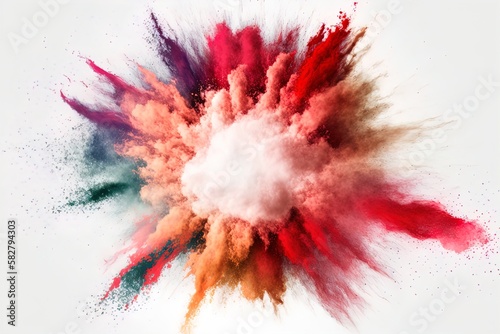 Colorful powder explosion, splash on isolated white background. Holi gulaal powder burst.