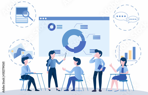A group of business people are having a discussion, exchanging information, exploring ideas, discussing strategies, developing products or services. Flat vector illustration.
