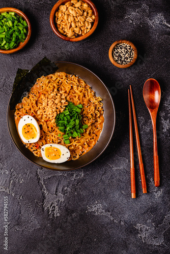 Korean style instant noodle, Shin Ramyeon with peanut and egg.