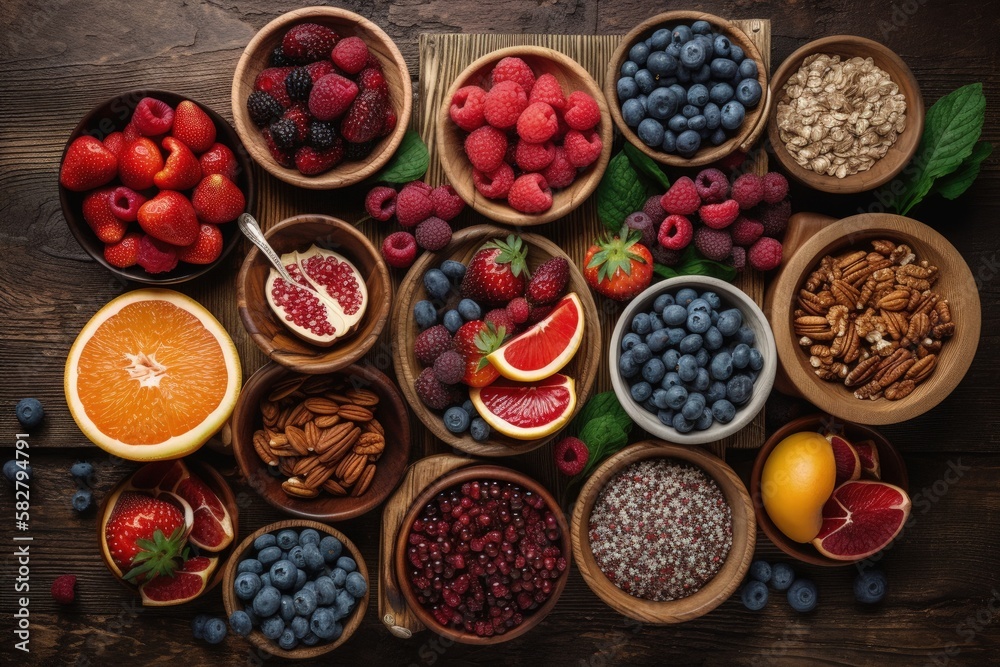 A top view selection of healthy food, superfoods, fruits and seeds - generative ai A top view selection of healthy food, superfoods, fruits and seeds - generative ai