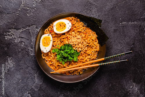 Korean style instant noodle, Shin Ramyeon with peanut and egg.