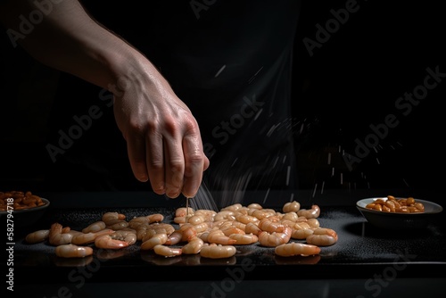 A professional chef preparing asian seafood recipe with shrimps - generative ai