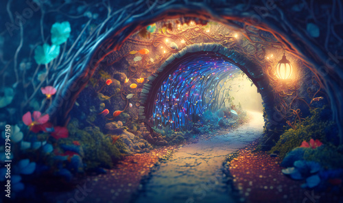 A magical and enchanting path filled with glittering crystals  gems and mystical creatures