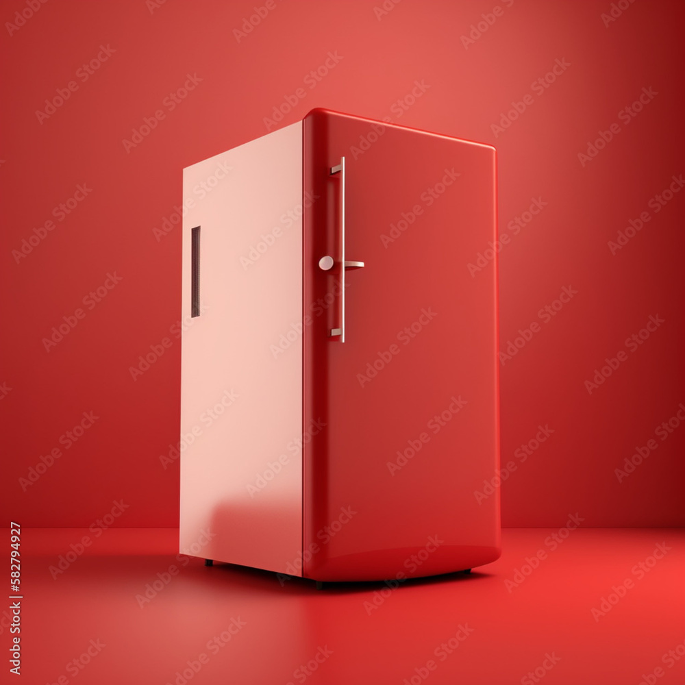 Refrigerator on a red background. Generative AI. Refrigerator on a red background. Generative AI.