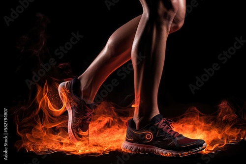 Fire and Power, Side view of a jogger legs with isolated on a black background. Sports and fitness concept - generative ai