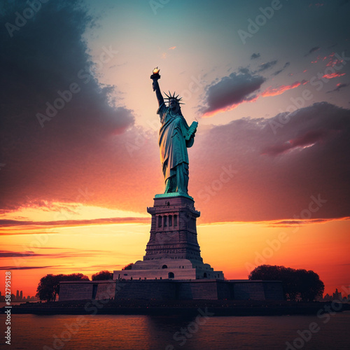 Statue of Liberty in New York at sunset. Generative AI.
