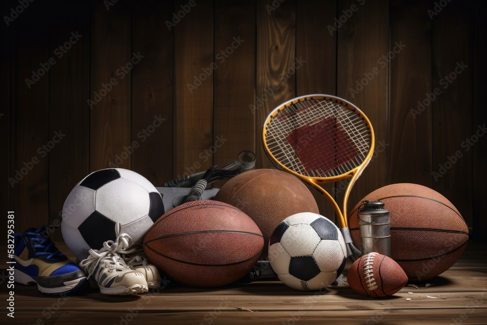 Assorted sports equipment with copy space - generative ai