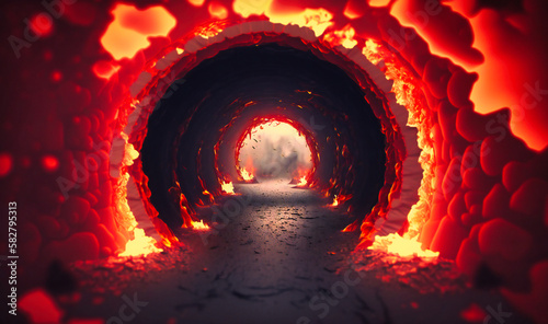 A blazing hot and fiery tunnel, with flames licking at the edges and smoke swirling around