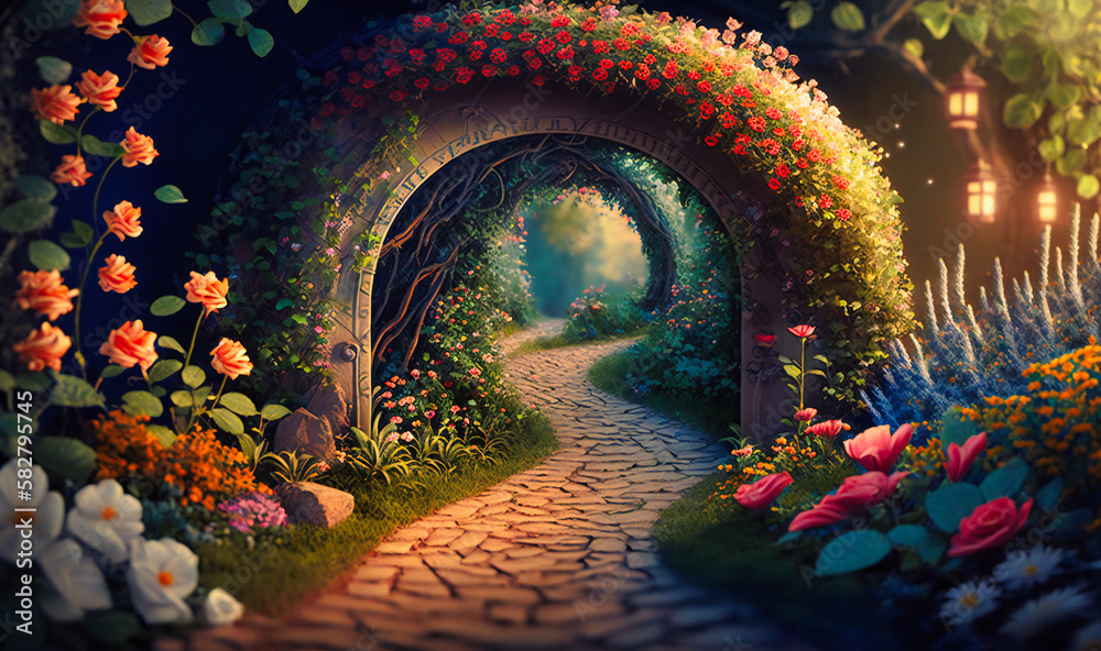 A whimsical and enchanting tunnel, with blooming flowers, vines and garden creatures