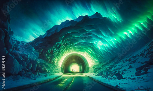 A majestic and awe-inspiring tunnel, with shimmering lights of the Northern Lights