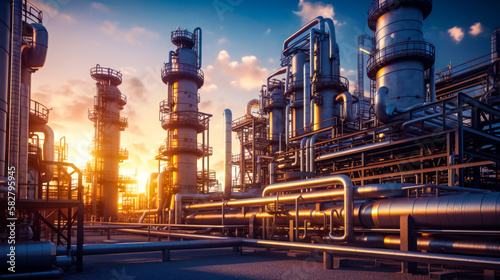 Photographie An oil refinery at sunset with pipes and pipes. Generative AI.