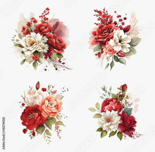 Set of floral branch. Flower red rose  green leaves. Wedding concept with flowers. Floral poster  invite. Vector arrangements for greeting card or invitation design