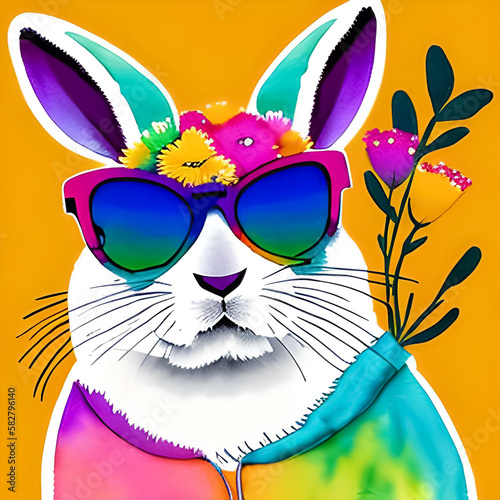 Watercolor rabbit in sunglasses.  Generative AI.