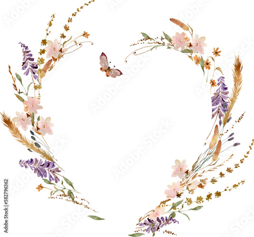 Wildflowers, herbs boho border painted in watercolor. Subtle, delicate, wild flowers. Dried pampas grass floral bouquet. Botanical boho s isolated on white. Wedding invitation, greeting card