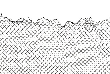 The texture of the metal mesh. Torn, destroyed, broken metal mesh on a white background