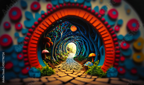 A fantastical and surreal tunnel  inspired by Alice in Wonderland