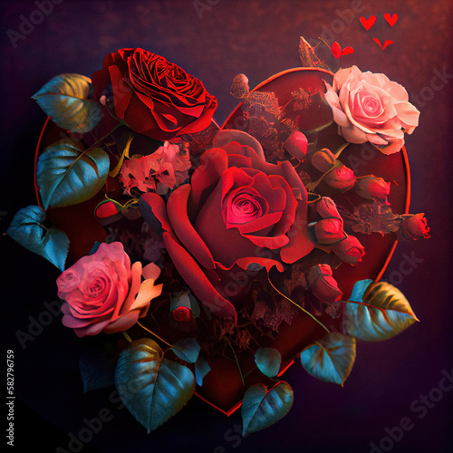 Rose heart decoration Generative AI Valentines day card smokey purple and red background with red heart with golden outline and red and pink flowers in front beautiful composition