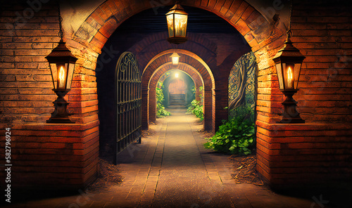 A rustic and vintage tunnel, with old brick walls and lantern lighting