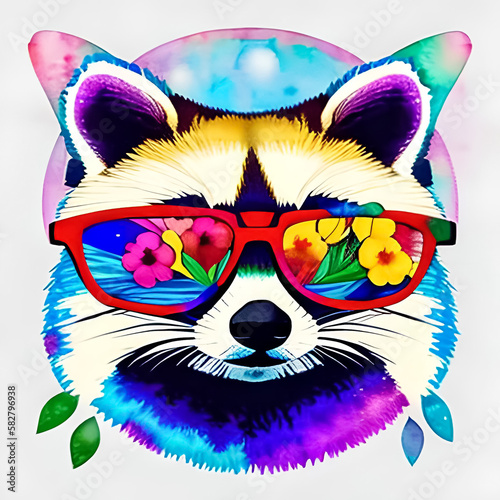 Raccoon in sunglasses, watercolor drawing.  Generative AI.