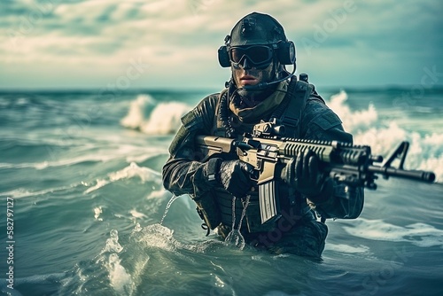 Navy SEAL Emerges from Ocean with AR-15 at Night, Generative AI