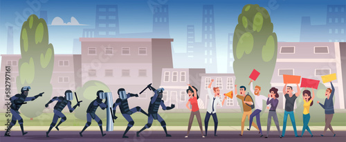 Aggressive demonstration. Police squad in uniform disperse the crowd exact vector background in cartoon style