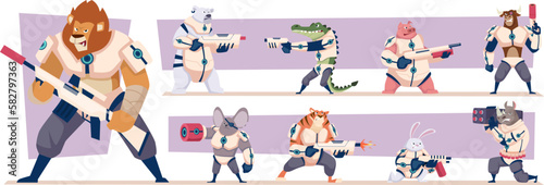 Armored animals. Zoo animals standing with weapons exact vector cartoon illustrations