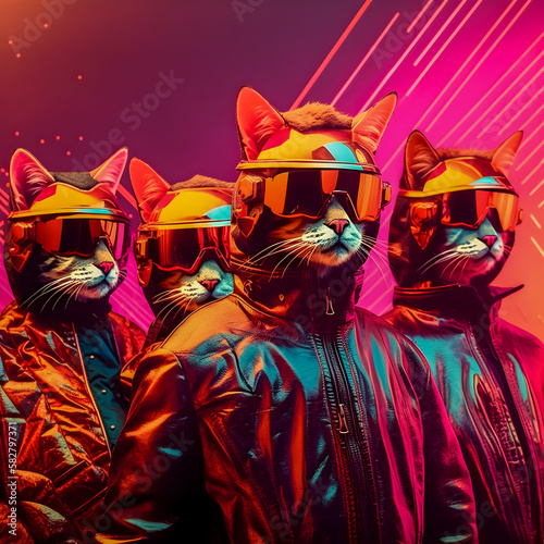 Abstract Funky Cats music band illustration, fashionable, retro pop and coroful pattern, Generative AI photo