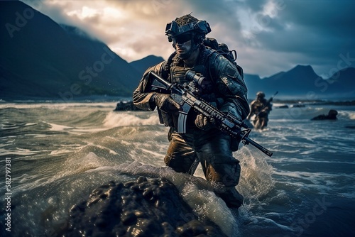 Navy SEAL Emerges from Ocean with AR-15 at Night wading through turbulent waters against a backdrop of dark, imposing mountains.