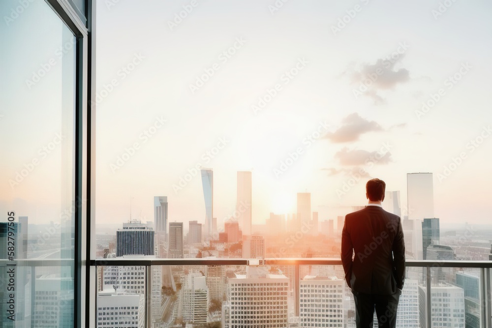 A businessman in a suit stands at panoramic windows, looks at the city from skyscrapers, a view from the back, an unrecognizable face, AI generative.