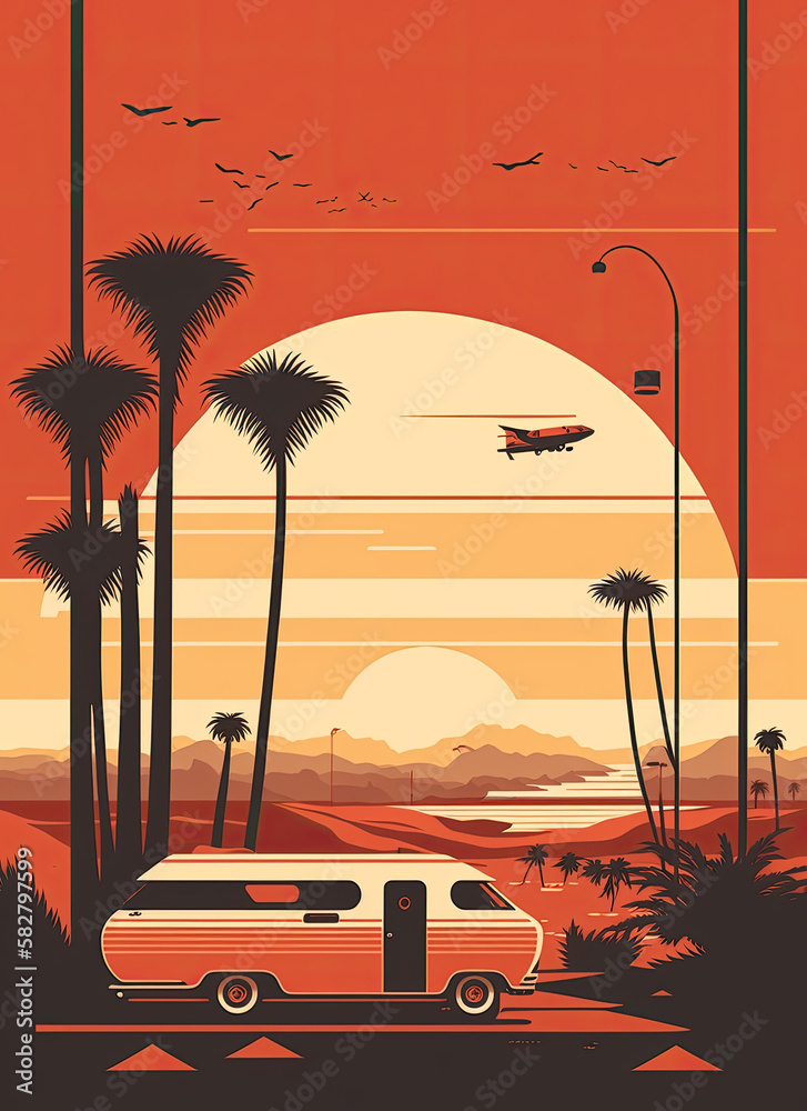 modern, clean lined illustration, west coast, retro, beach,  sunset, generative AI  finalized in Photoshop by me 