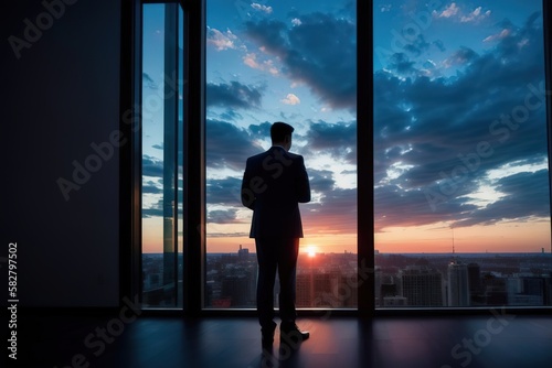 A businessman in a suit stands at panoramic windows, looks at the city from skyscrapers, a view from the back, an unrecognizable face, AI generative. © Mountains Hunter