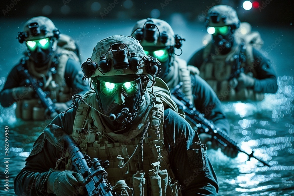 Nighttime Navy SEALs Emergence, Tactical Firearms Brandishing Generative Ai