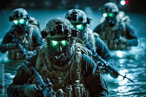 Nighttime Navy SEALs Emergence, Tactical Firearms Brandishing Generative Ai © Digital Dreamscape