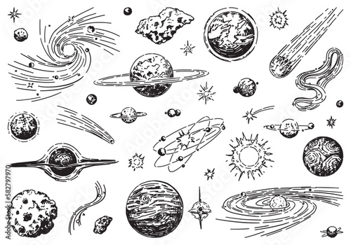 Cosmic space doodles set. Outline drawings of planets, stars, comets, asteroids, galaxies. Astronomy science sketches. Hand drawn vector illustration isolated on white.