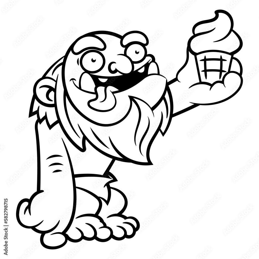 Cartoon illustration of Caveman with bearded face wearing clothes made of animal skin. raise up a sundae ice cream with his arm. Best for outline, logo, and coloring book with food themes Cartoon illustration of Caveman with bearded face wearing clothes made of animal skin. raise up a sundae ice cream with his arm. Best for outline, logo, and coloring book with food themes
