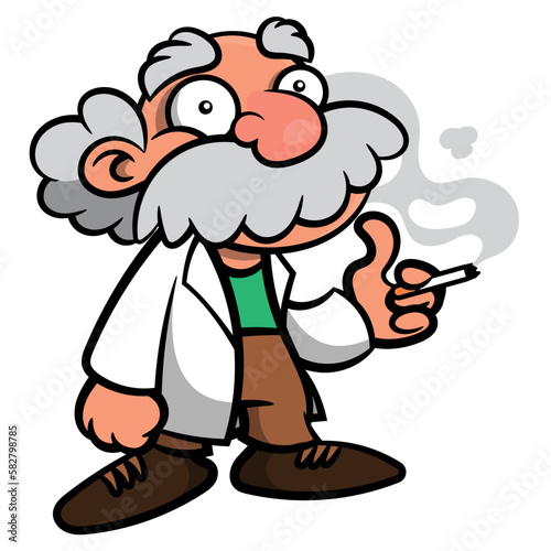 Cartoon illustration of Old Professor with mustache and grey hair wearing laboratory coat and smoking at class. Best for caricature, mascot, and logo with scientist themes